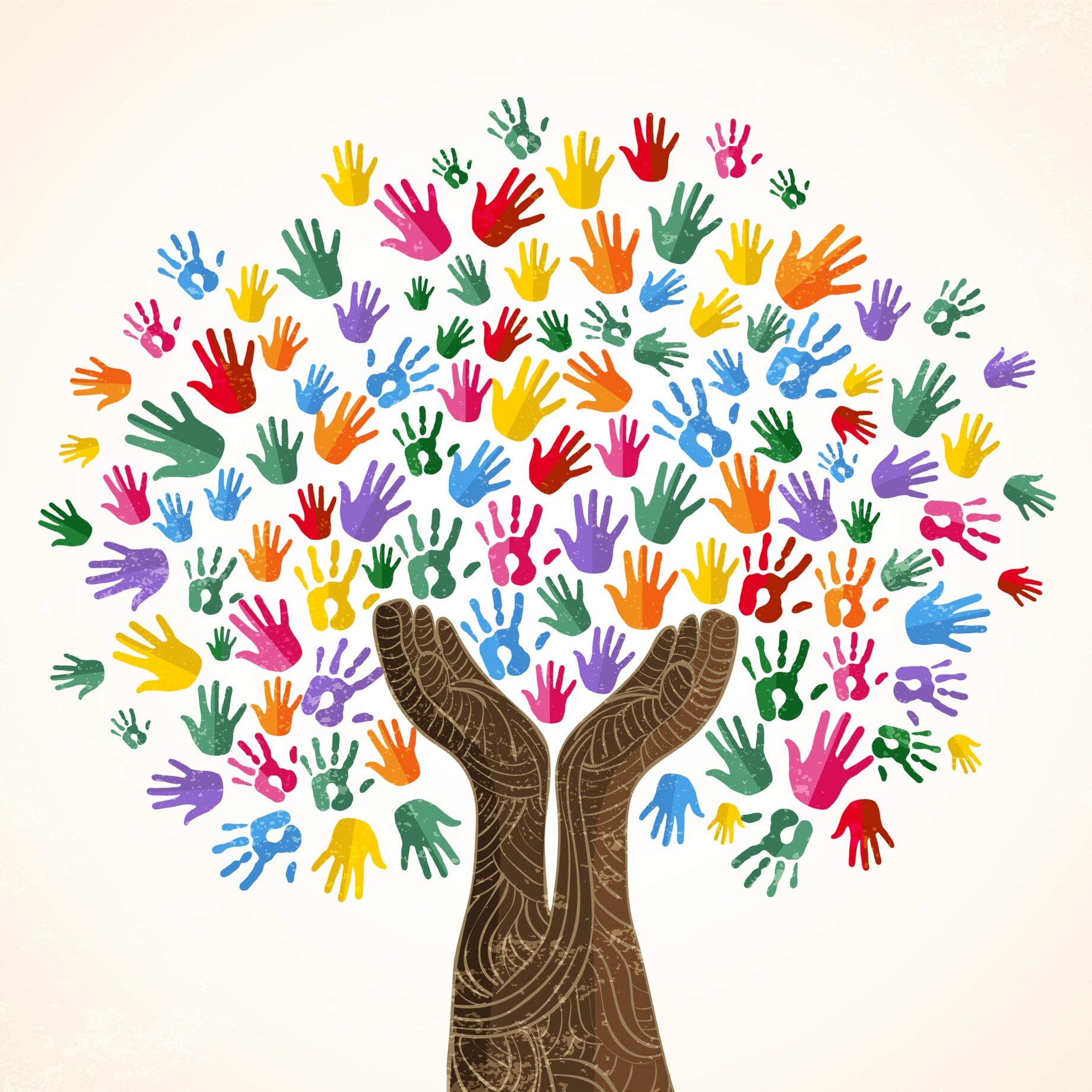Tree with colorful human hands together. Community team concept illustration for culture diversity, nature care or teamwork project. EPS10 vector.