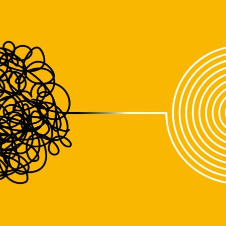 Tangle and untangle, psychotherapy and psychology concept. Tangled vector line illustration. Doodle. Abstract change graphic. Problems solution creative design concept.